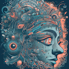 Surreal psychedelic face illustration patterns, stippling, abstract details, vibrant futuristic design,sci-fi, fantasy,tech,space,self,expreession,mental,health,dream,face,line art,backdrop,wallpaper
