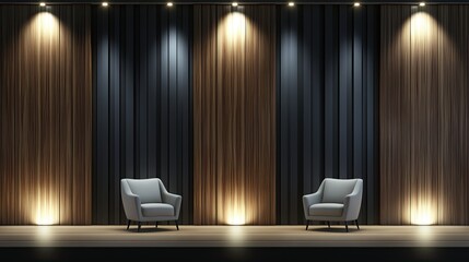 A set design for an interview show showcases three simple chairs against a warm wood-paneled wall with focused lighting above