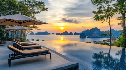 Fototapeta premium Serene Sunset Over Infinite Ocean and Poolside Lounge