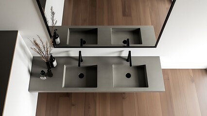 Modern minimalist bathroom sink with concrete countertop and black fixtures. 3D Rendering