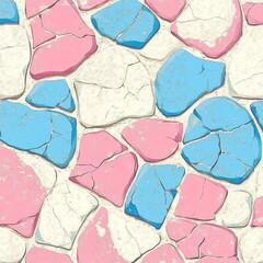 Fototapeta premium A textured pattern of cracked stones in pink, blue, and white colors.