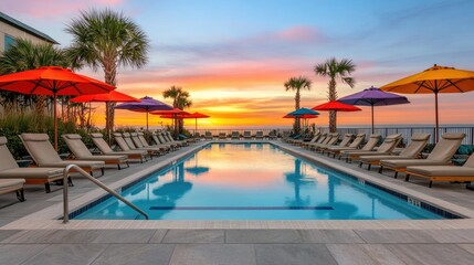 Fototapeta premium Serene Sunset Over Poolside with Colorful Umbrellas