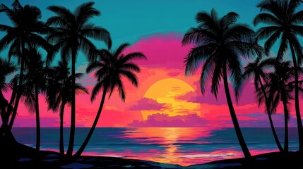 Tropical Sunset Over Ocean with Palm Trees