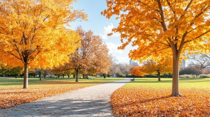 Naklejka premium Scenic Autumn Park Pathway with Vibrant Orange Leaves