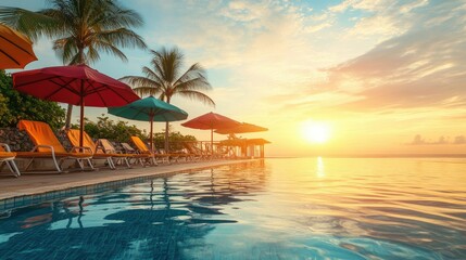 Serene Sunset by the Infinity Pool with Umbrellas