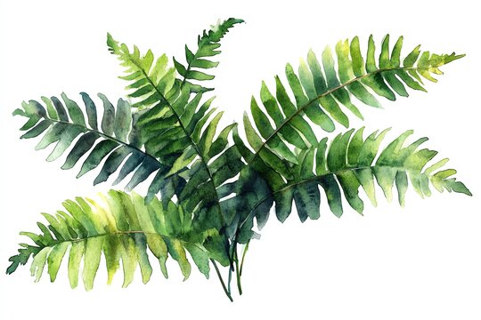 A watercolor painting of a cluster of lush green fern fronds, isolated on a white background.