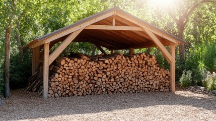 Wooden Shelter for Firewood Storage in Nature