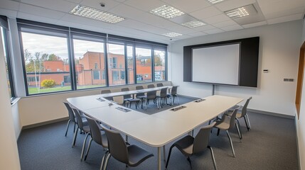 Modern Conference Room with Large Windows and Seating