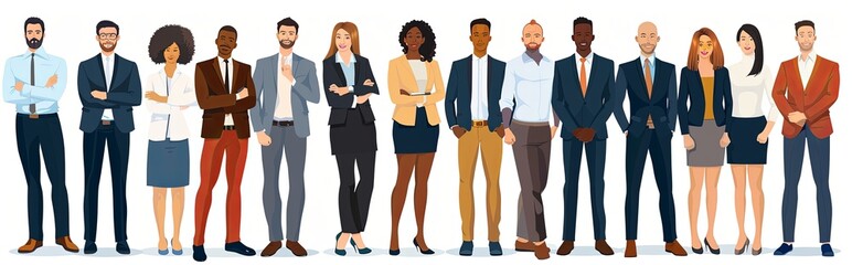 illustration of a diverse group of business professionals, men and women, standing in a row, isolated on a white background. Ideal for business, team