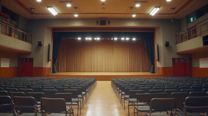 Empty Stage with Curtains and Chairs in Auditorium