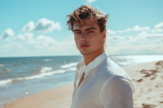 Male Model on the Beach with Blue Sky and Few Clouds in the Background
