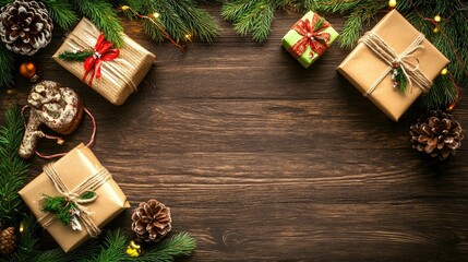 Fototapeta premium Festive Gift Boxes with Pine Decorations on Wooden Table