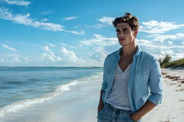 Male Model on the Beach with Blue Sky and Few Clouds in the Background