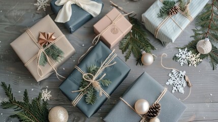 Different gift boxes and Christmas decorations on wooden table, flat lay