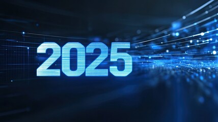 "2025" in Blue with Digital Technology and Cyber Elements on a Black Background, Perfect for New Year and Festive Celebrations