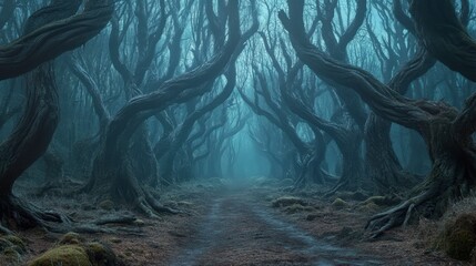 Enchanted Forest Pathway Through Twisted Trees