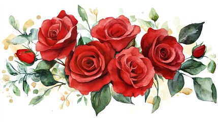 Obraz premium Watercolor painting of a bouquet of red roses with green leaves and buds on a white background.