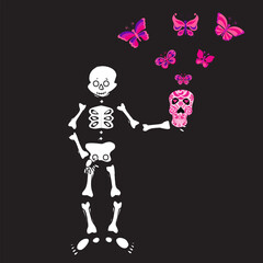 Cute skeleton dancing with sugar skull and pink butterfly. Vector illustration on black background.