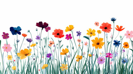 A vibrant field of colorful wildflowers against a white background. Wildflower Meadow. Illustration