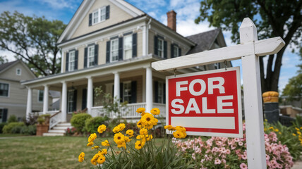 Fototapeta premium Modern Suburban House with For-Sale Sign - Ideal Real Estate Listing Image