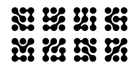 Meta balls forms. Circuit elements. Connected liquid drops, organic blobs or amorphous shapes patterns. Cells, neurons or molecules isolated on white background. Vector graphic illustration.