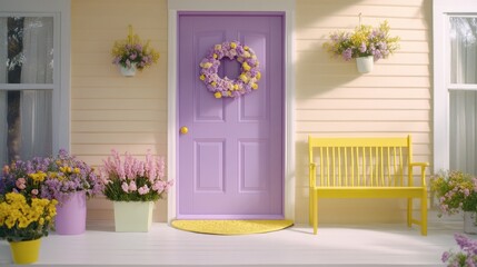 Fototapeta premium Charming Purple Door Decorated with Flowers