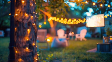 Soft defocused lights of the outdoor movie night create an intimate and magical setting for all to enjoy.