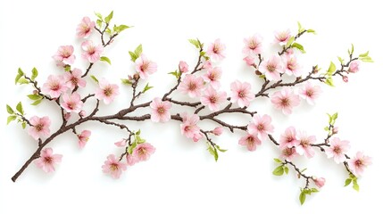 A branch of pink cherry blossoms with green leaves, isolated on a white background.