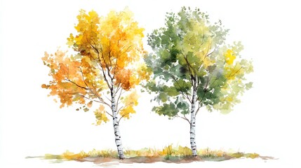 Watercolor painting of two birch trees with one in autumn colors and the other in green.