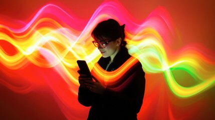 Dynamic Light Trail with Woman Using Smartphone