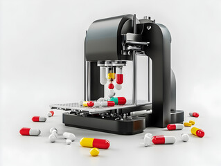 A futuristic 3D printer creates colorful pills on a white surface. This technology could revolutionize the pharmaceutical industry.