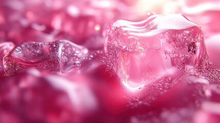 Close-up of a Large Clear Ice Cube on a Pink Surface