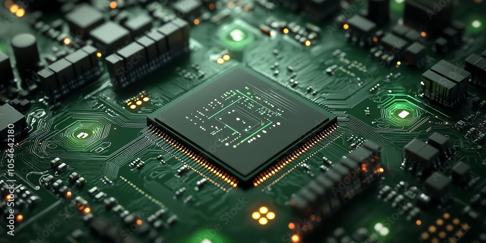 Poster a close-up of a glowing cpu chip on a green circuit board with illuminated circuits.