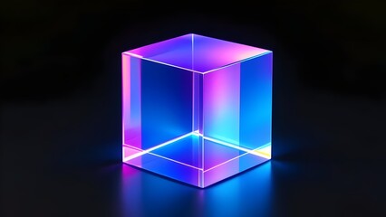 Neon Glass Cube: Minimalist 3D Rendering, Blue, Purple, Glowing