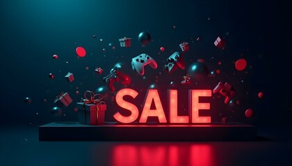 Neon SALE sign with video game controllers and gifts in a dark blue background