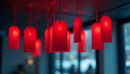 Red hanging tags illuminate a dimly lit room