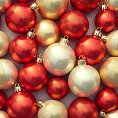 collection of Christmas baubles with shiny surface in red gold white colors, arranged closely together, festive vibrant display. festive background, seasonal greetings, card, website header concept.