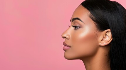 Naklejka premium Young lady poses in a shiny top against a vibrant pink background, perfect for ads and profiles. Eyecatching and stylish