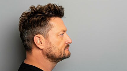 Obraz premium A confident man poses for a profile portrait, showcasing his features against a clean gray backdrop.