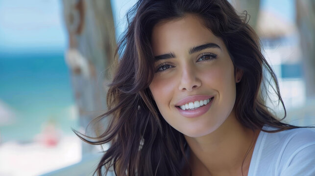 A cheerful young woman in a white tshirt beams with a toothy smile, set against a clean white backdrop.
