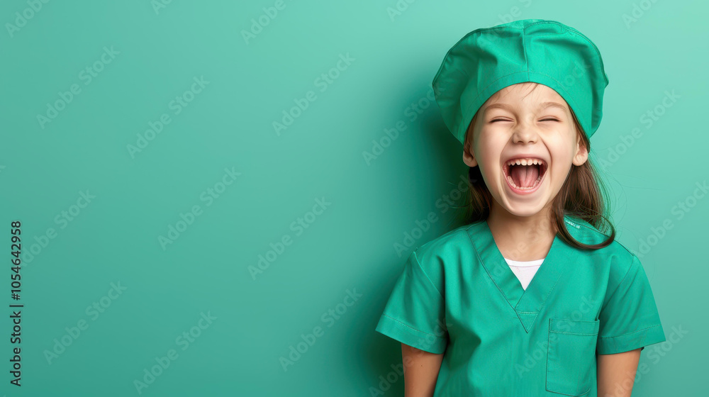 Poster A joyful little girl in a green nurse uniform beams with laughter against a soft pastel backdrop.