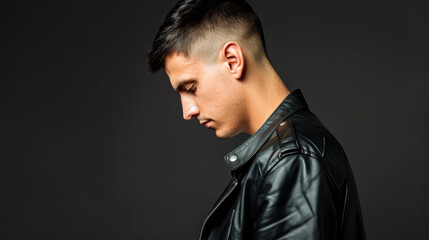 Obraz premium Sleek side profile of a man in a leather jacket, exuding cool vibes against a dark backdrop. Perfect for style inspiration