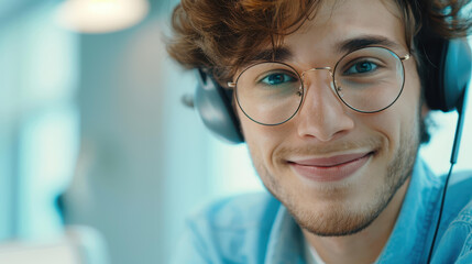 Happy businessman in headset engages with client via laptop, providing answers in a professional office setting.