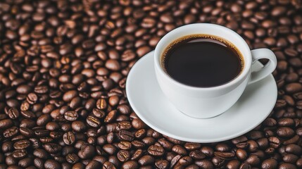 Fototapeta premium A warm cup of coffee perched on a mound of rich coffee beans, with a softly blurred backdrop enhancing its allure.