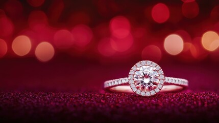 A stunning diamond ring rests against a rich red backdrop, capturing the essence of elegance and romance in every glance.