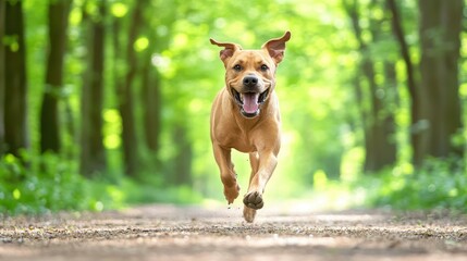 A playful dog leaps joyfully through a vibrant forest, surrounded by lush greenery and soft, blurred background.