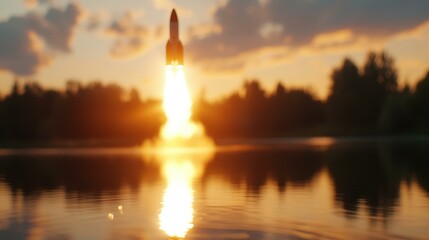 A stunning rocket launch ignites the dusk sky while a serene lake mirrors the spectacle, creating a breathtaking scene.