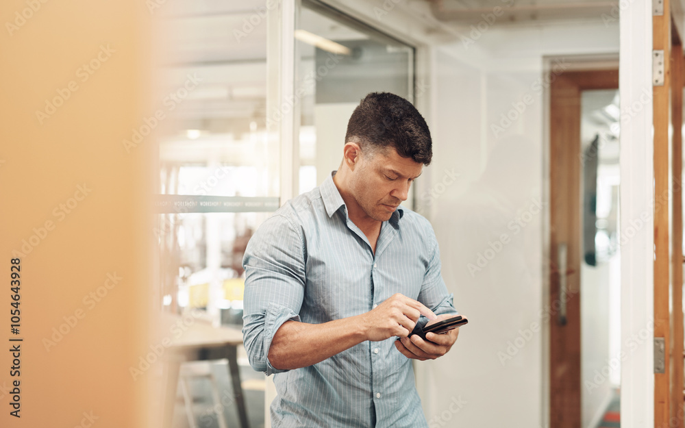Poster man, phone and networking email in office, reading notification and journalist online for quote. mal
