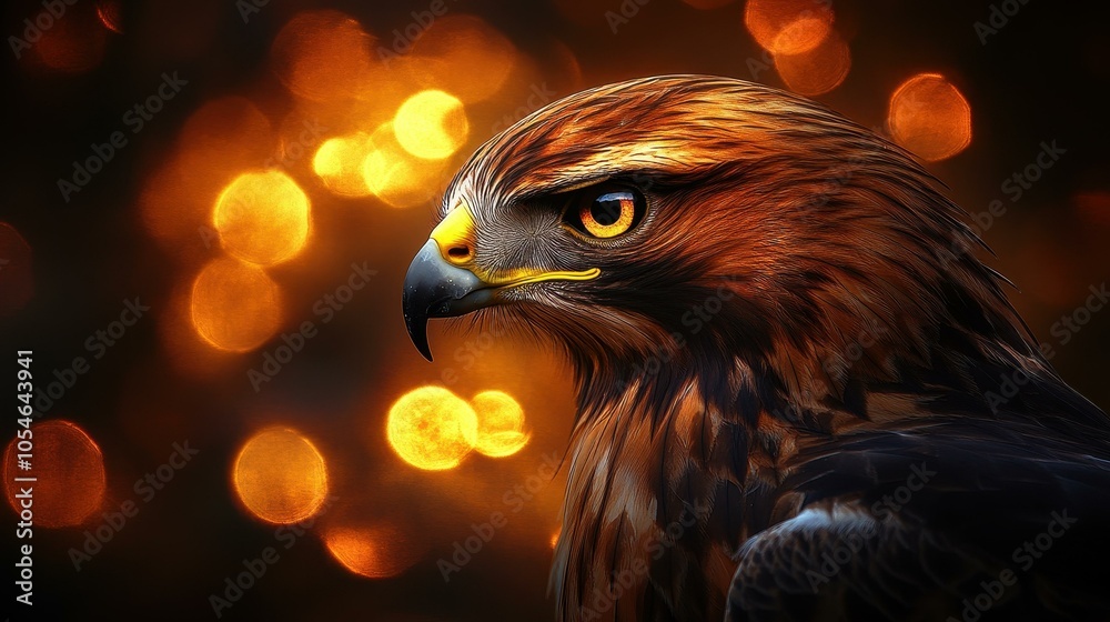 Wall mural Stunning hawk portrait with sharp beak and vivid feathers, showcasing raw beauty and an intense, captivating gaze.