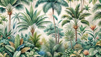 Fototapeta premium Watercolor jungle landscape painting in retro style